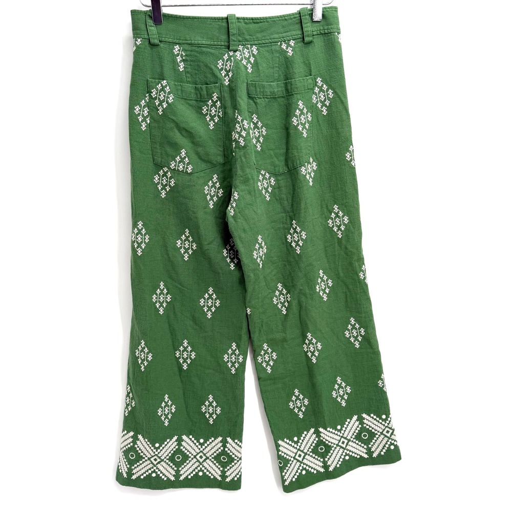 Zara Green Embroidered Wide Leg Linen Blend Pants Size M Euro Summer Trouser - Picture 4 of 11
